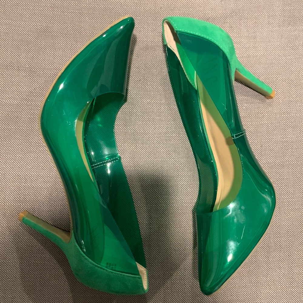 Green INC see through and suede 2.5 inch heel. Pointed toe with cushion inside.